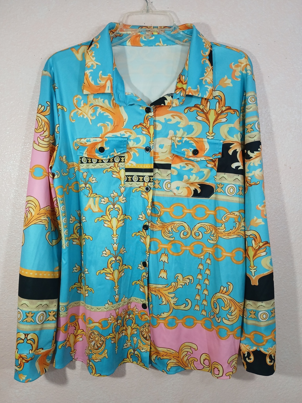 No Name Button Down Multi Color Boroque Inspired Long Sleeve Shirt Woman's XL
